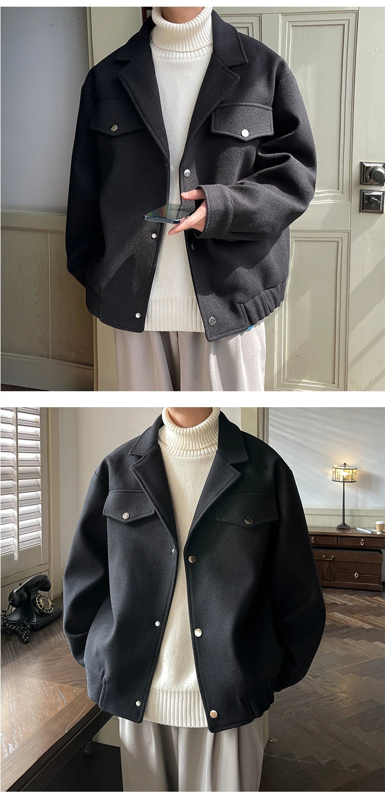 Winter Short Woolen Coat Men Warm Fashion Casual Thick Woolen Jacket Men Korean Loose Thicken Woolen Coat Mens Black Overcoat voguable