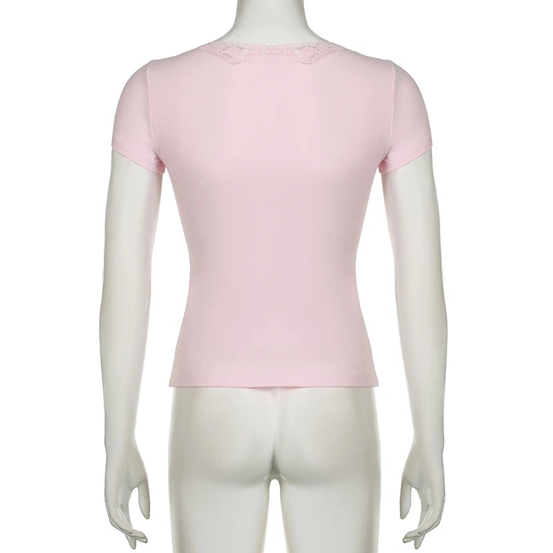 Voguable Kawaii Lace Patchwork V-neck Top Pink Casual Basic Short Sleeve T-shirts Sweet Japanese Style Y2K  Slim-fitting Tees voguable