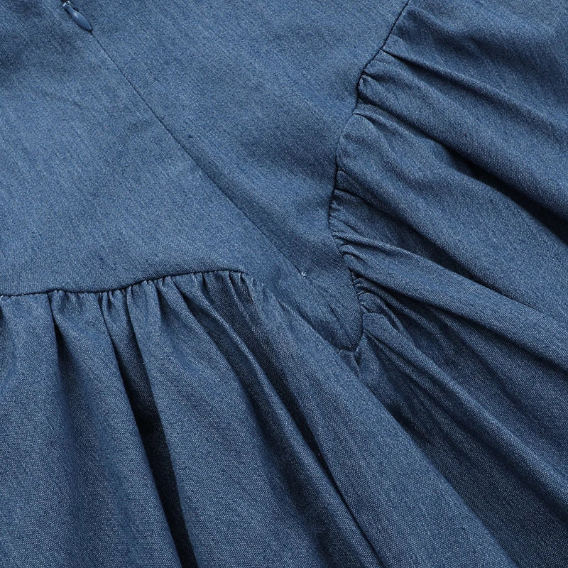 Voguable  Spaghetti Strap Imitation Jeans Sleeveless Female Vestido Low Waist Slash Neck New Fashion Femme A-line Pleated Sexy Dresses voguable
