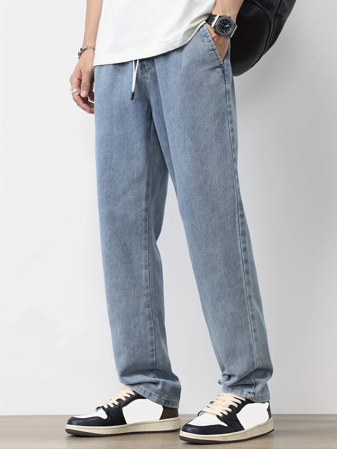 Voguable  Men's Straight-Leg Jeans with Adjustable Drawstring Waist, Made of Breathable and Soft Fabric, Loose Casual Style. voguable