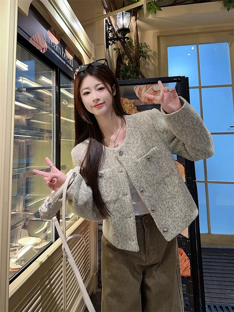 Sweet Women Slim Elegant Jacket Vintage Long Sleeve O Neck Fall Short Coat Korean Small Fragrance Single Breasted Lady Tops voguable