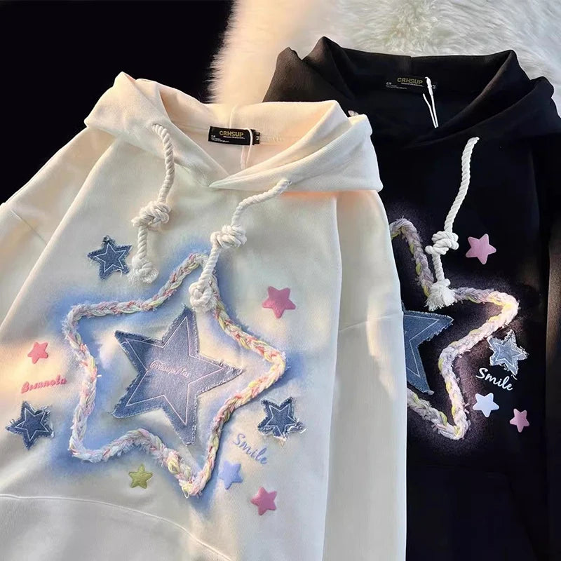 Vintage Star Print Hoodies Women Streetwear Loose Long Sleeve Sweatshirts American Retro Bf Casual Harajuku Pullover Tops voguable