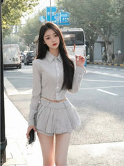 Voguable  Sweet Hot Girls Sexy Preppy Style Suit Women's Spring/Autumn Irregular Long-sleeved Short Shirt Pleated Mini Skirt Two-piece Set voguable