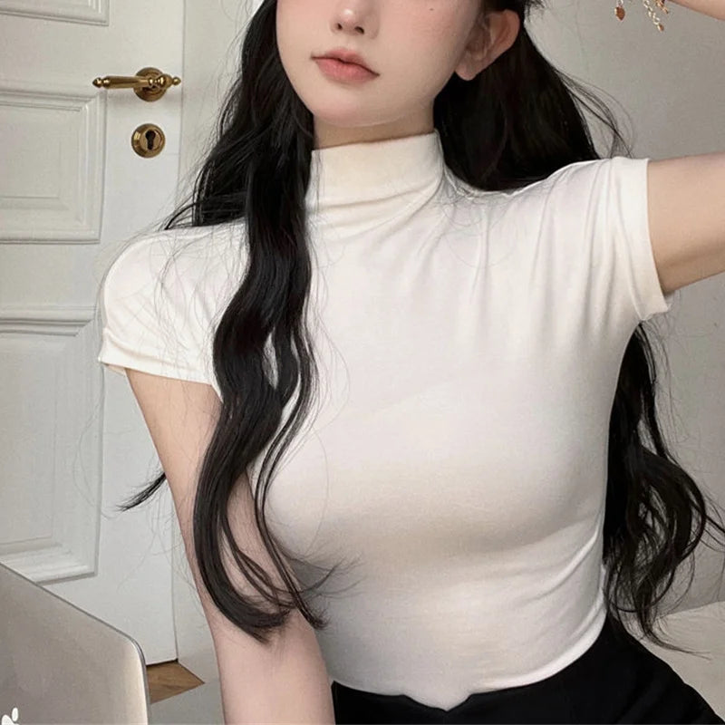 y2k Crop Tops Women Summer Vest Solid Color Mock Neck Sleeveless Stretchy T Shirts 2000s Aesthetic Clothing Streetwear voguable