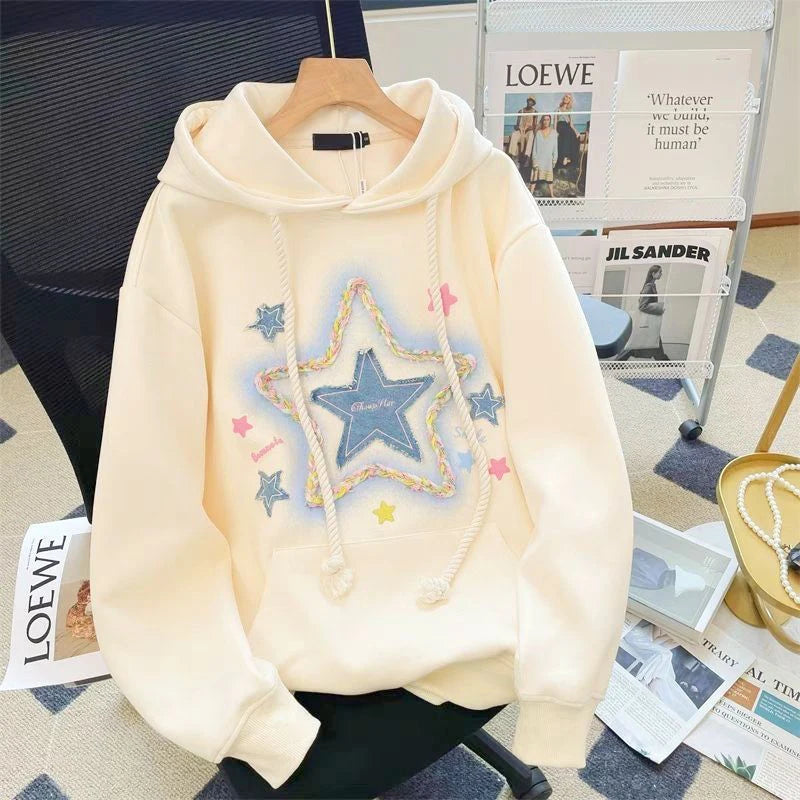 Vintage Star Print Hoodies Women Streetwear Loose Long Sleeve Sweatshirts American Retro Bf Casual Harajuku Pullover Tops voguable