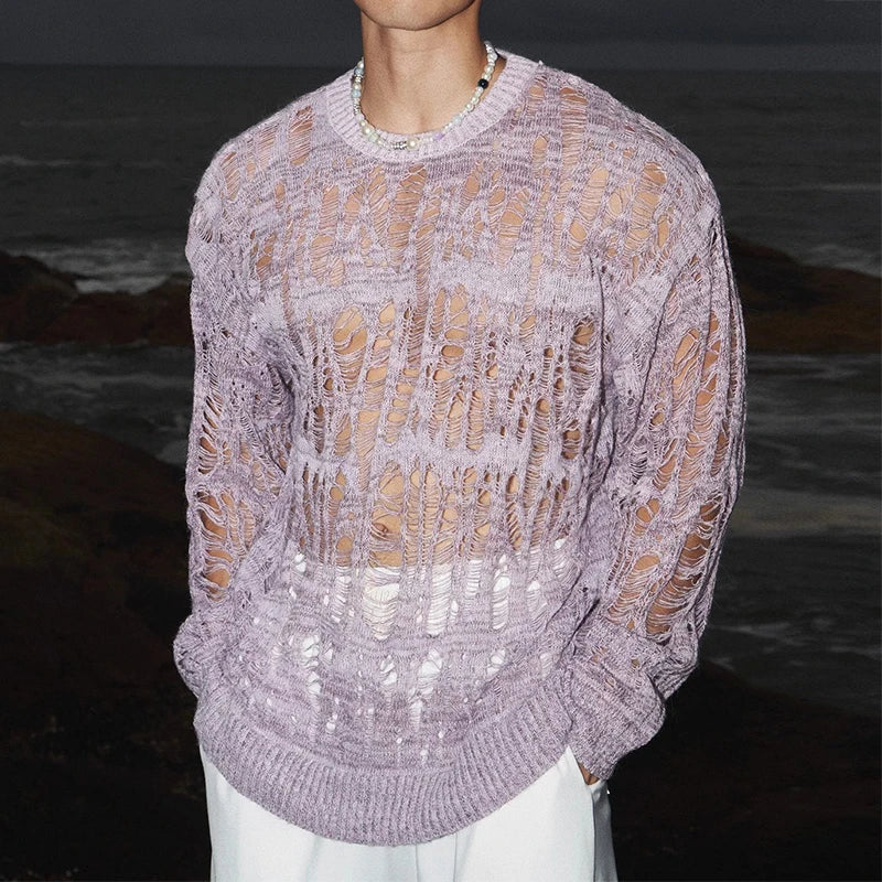 Sexy Hollow Out Mesh Knit T Shirts Men See Through Ripped Crew Neck Pullover Tops For Mens Spring Fashion Knitting T-shirt