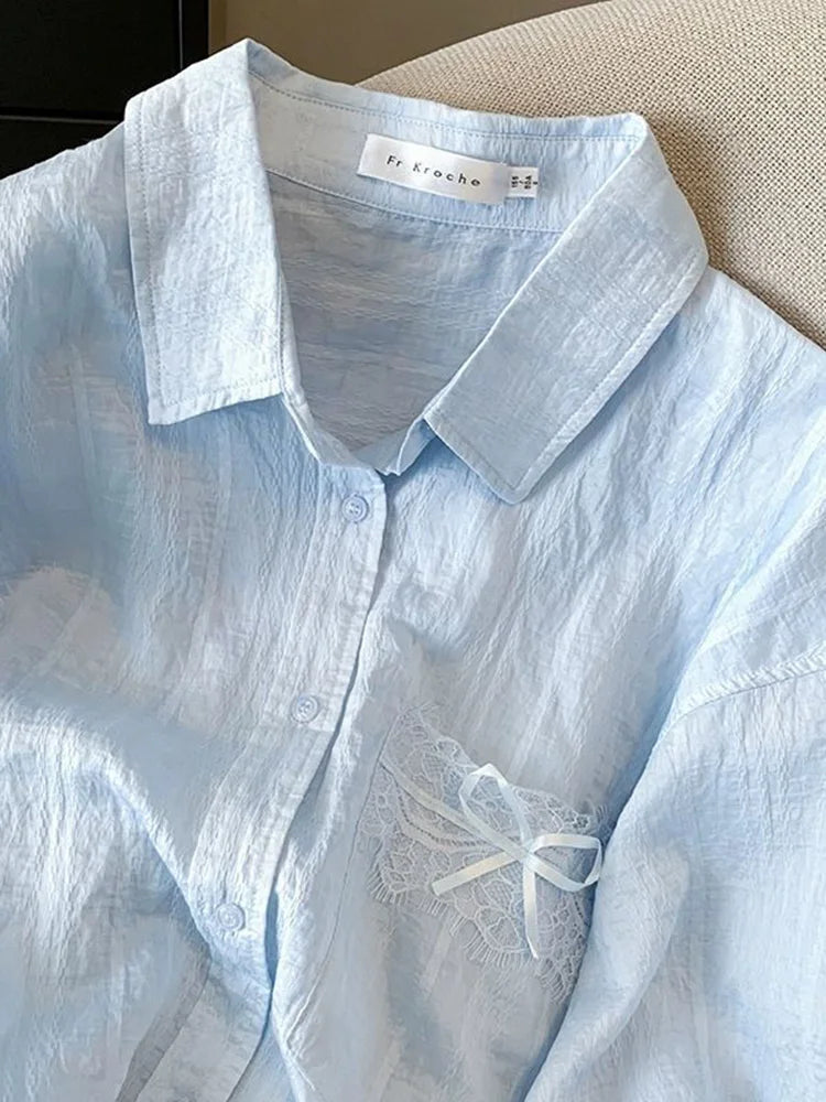 Blue Sweet Sun Proof Shirt Women Lace Patchwork Bow Korean Blouse Loose Fashion Long Sleeve Elegant Female Casual Cute Tops voguable
