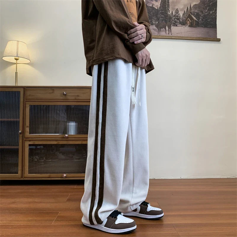 Loose Coffee Corduroy Pants Men Women Drawstring Striped Wide Leg Pants Autumn Casual Easy Care Anti-wrinkle Mopping Trousers gotmes-shop