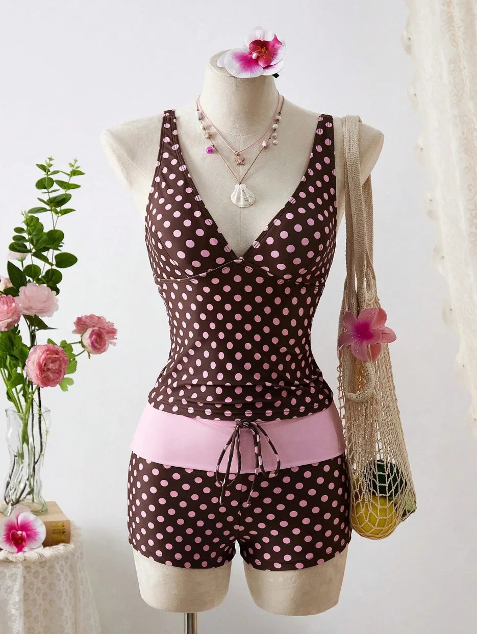 Voguable  Women Pink Polka Dot 2 Piece Tankini Bikinis Set V Neck Sleeveless Side Ruched Top Drawstring Waist Boyshort Swim Beach Swimwear voguable