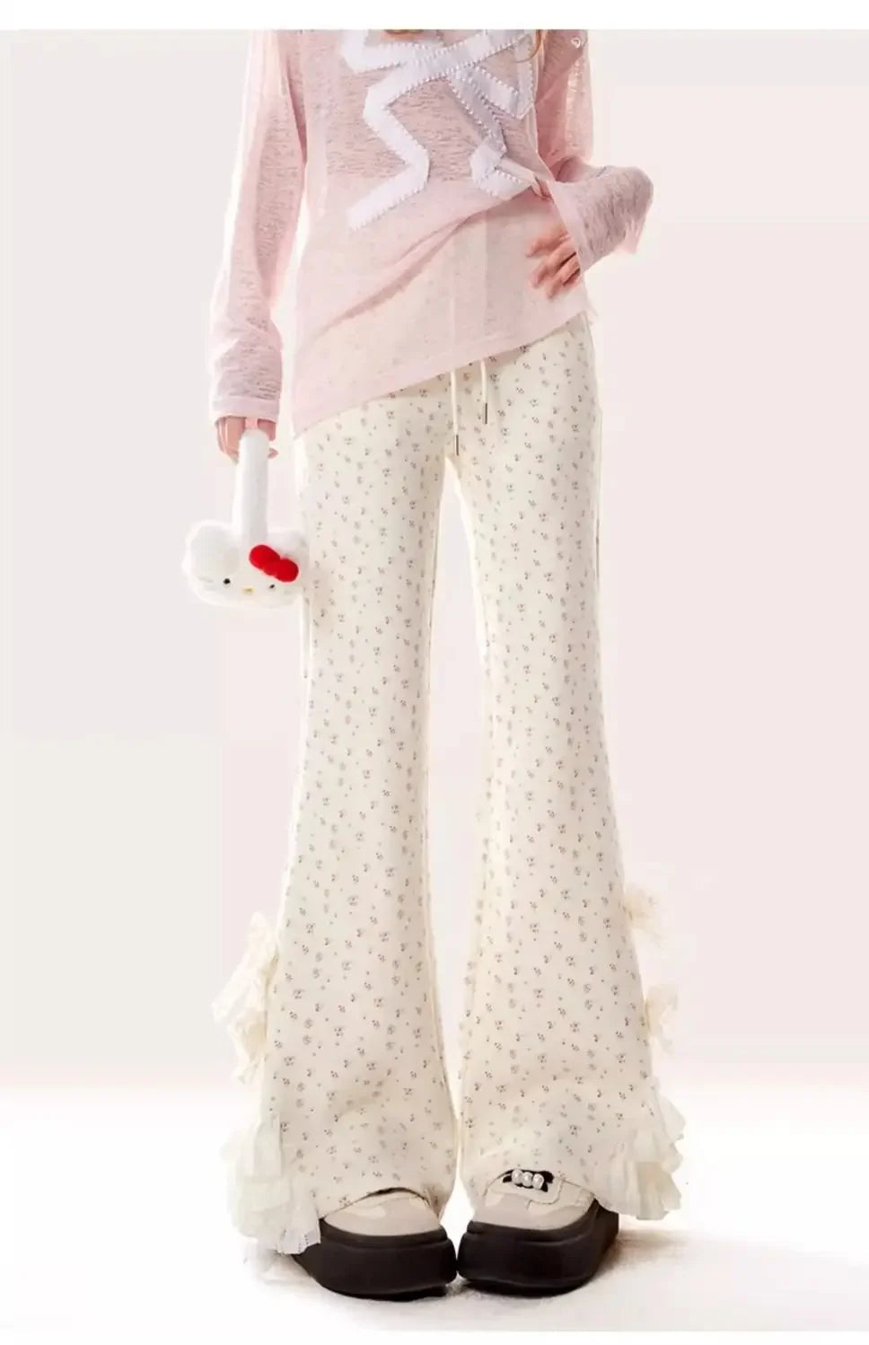Bow Lace Floral Trousers for Women in Spring and Autumn New Casual Trousers Slim Pants for Daily Korean voguable