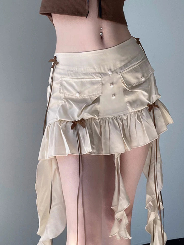 TARUXY Splice Folds Mini Skirt For Women Pocket High Waist Bnadage Skirts Womens 2023 Party Casual Lace Up Slim Skirts Ladies voguable