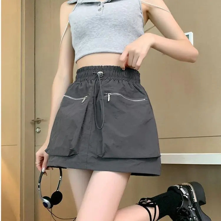 High Waist Drawstring Summer Women Short A Line Skirt Vintage Casual Cargo Big Zipper Pocket Skirt with Safety Shorts Hip Skirts voguable
