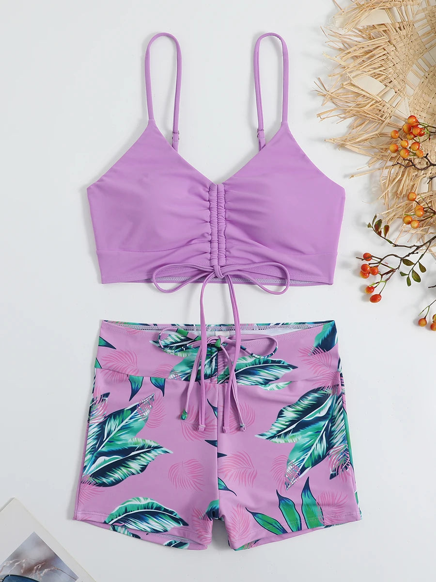 Voguable  Tropical Print Drawstring Bikini Women High Waist Swimsuit Tie Front Shorts Swimwear Female Bathing Suit Swimming Summer voguable