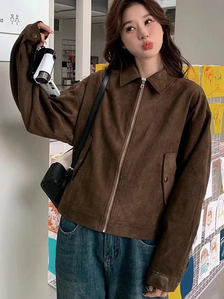 American Y2K Jacket Women Vintage Loose Faux Suede Long Sleeve Casual Coat Hip Hop Fall Winter Lady Streetwear New Outwear voguable