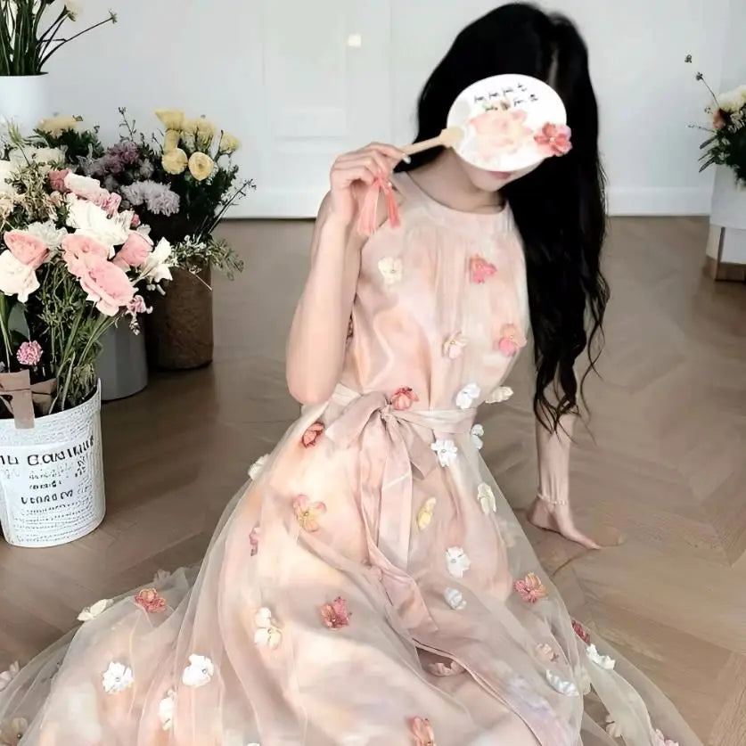 Voguable  Hanging Neck Fairy Dress For Women New Summer Sleeveless Floral Long Dress French Style Vacation Party Dress voguable