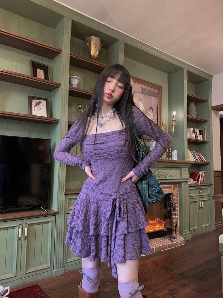 Gothic Black Lace Dress Women Y2K Fall Vintage Elegant Square Collar Purple Mini Dress Streetwear Sexy Slim Party Vestidos New voguable