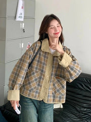 Vintage Plaid Cargo Jacket Women Retro Double Sided Wear Preppy Style Sweet Coat Korean Fall Winter Long Sleeve Pockets Top voguable