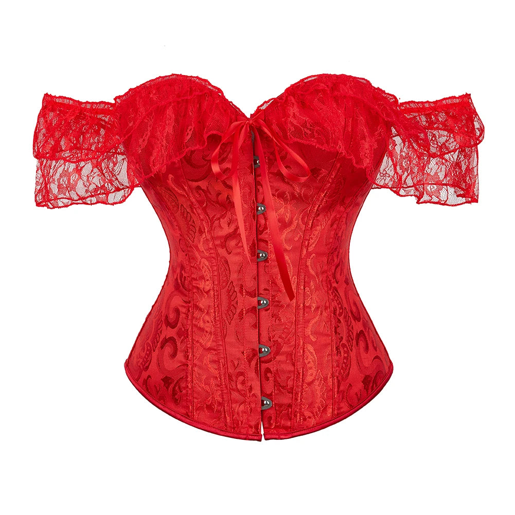 Voguable Womens Bustier Overbust Corselet Lace Up Short Sleeve Sheer Corset Bluse Costume Crop Top voguable