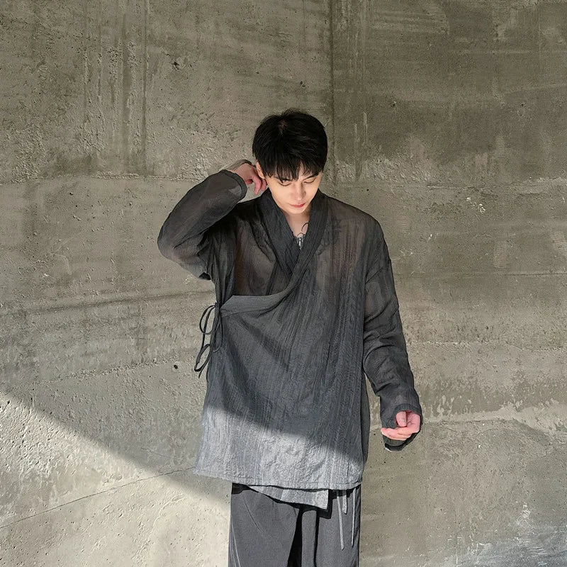 Voguable  Drawstring Translucent Design Street Long Sleeve Shirt 2024 Men Stylish Original Elegant Trendy Tops voguable