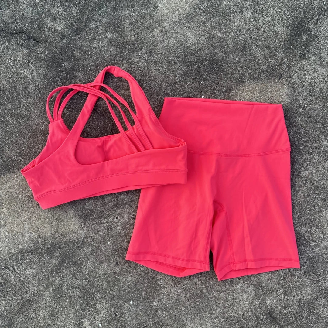 Voguable  Solid Color High Waist Gym Yoga Short Legging Set Tight Women Cross Back High Impact Shoulder Strap Fitness Bra Top Sportwear voguable