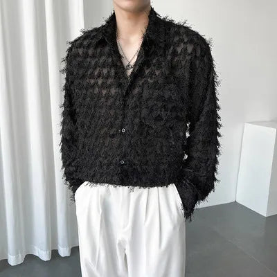 Voguable Sleeve Shirt Spring 2024 Trendy Men's Casual Long Solid Color Elegant Splicing Tassel Niche Design Fashion Tops voguable