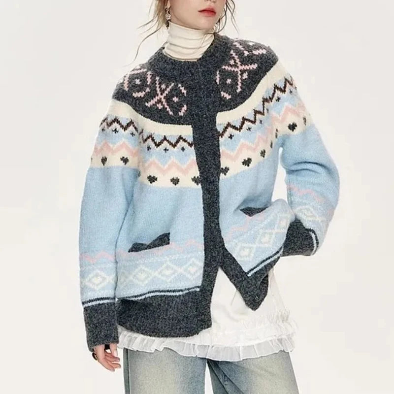 American Retro Print Cardigan Women Loose Lazy Wind Harajuku Knitted Sweater Casual Fall Winter Vintage O Neck Female Y2K Tops voguable