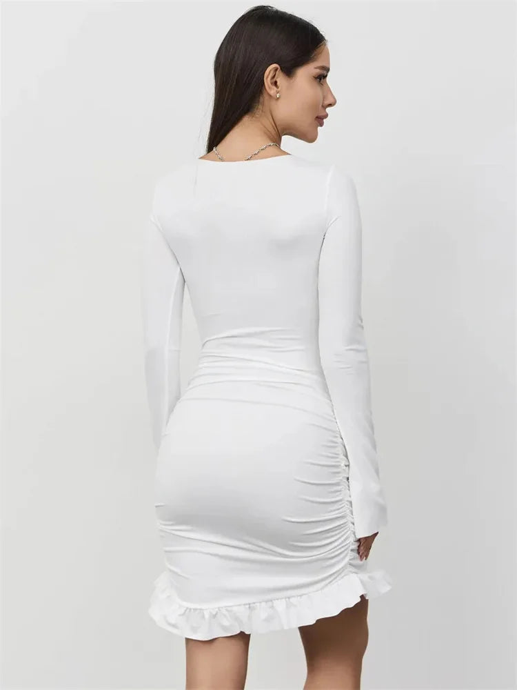 Ruffled Twist Skinny MIni Dress Women's Long Sleeve Patchwork High Waist Sexy Fashion Party Dress Female Y2k Bodycon Dress voguable