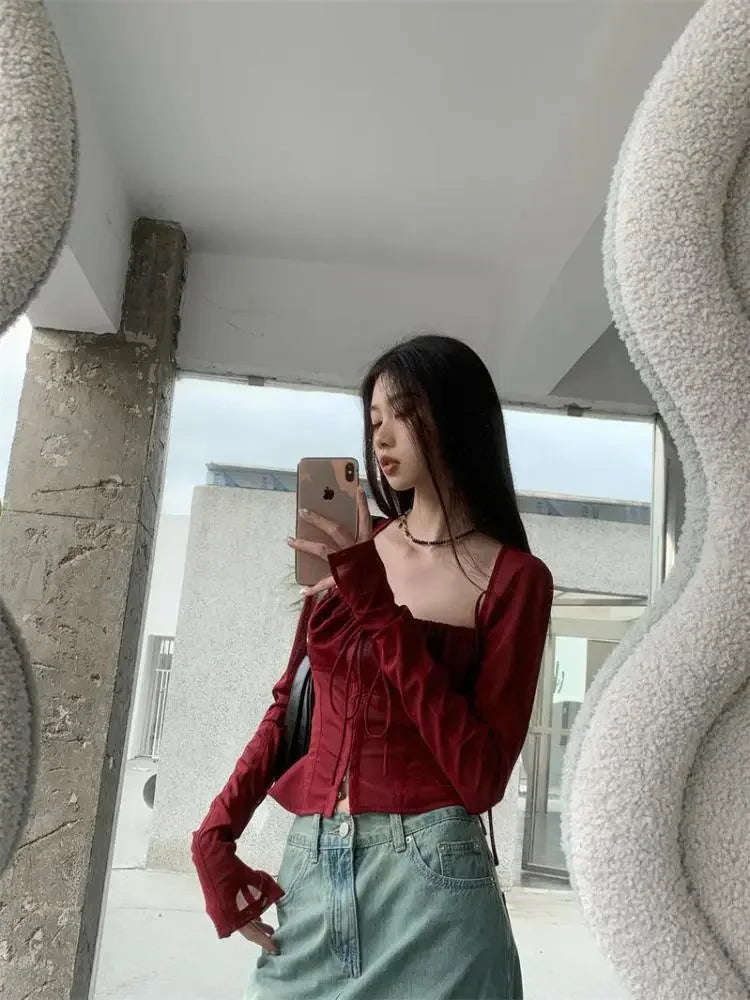 Voguable Burgundy Mesh Tops Long Sleeve Lace Up Square Collar T Shirt Women Crop Top Spring Summer Grunge Y2k  Chic Tops Streetwear voguable