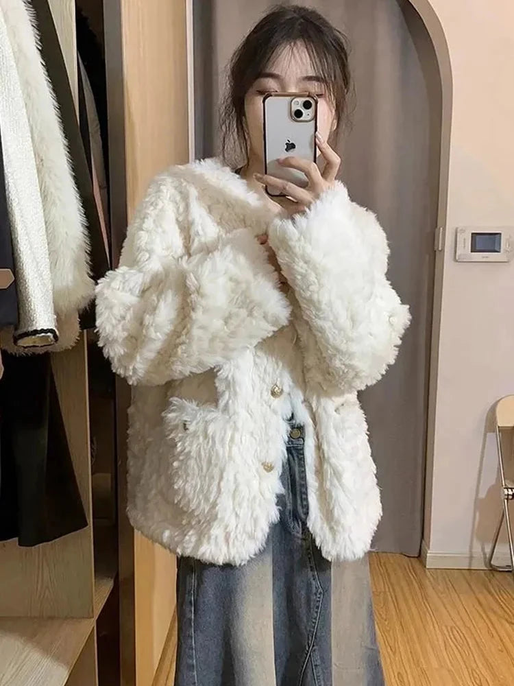 Winter Sweet Korean Faux Lamb Coat Women Vintage Warm Thick Long Sleeve Cute Jacket Casual O Neck Pockets Elegant White Tops New voguable