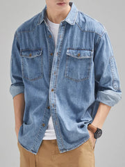 New Denim Cotton Men's Shirt Long Sleeve Black Blue Drop Shoulder Button Pockets Cowboy Loose Casual Work Jeans Shirts voguable