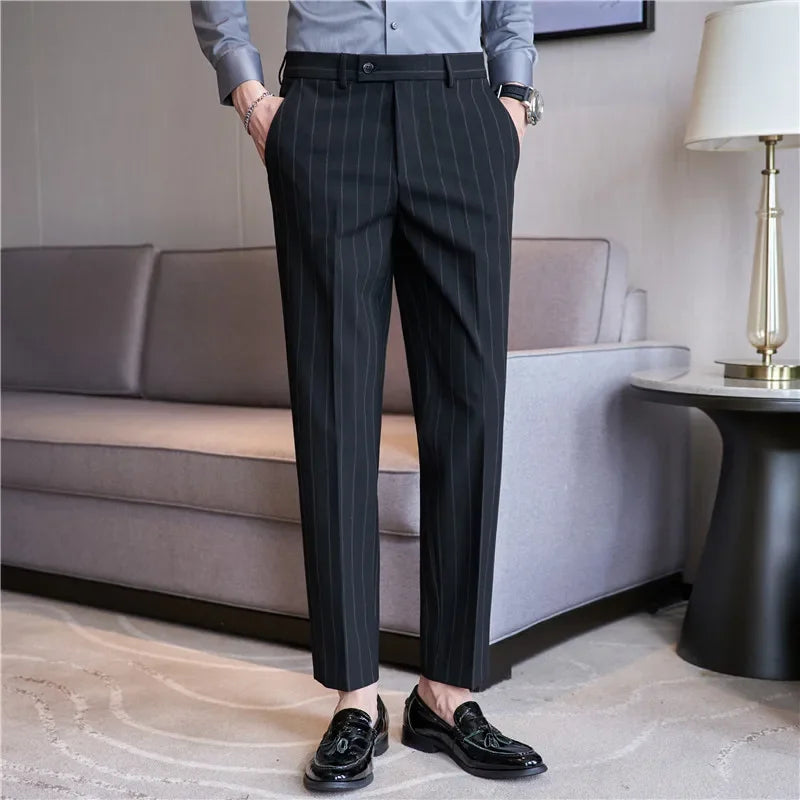 Men's Striped Suit Pants Elastic 2024 Autumn New Social Casual Trousers Slim Fit Suit Pants Business Office Wedding Men Clothing voguable