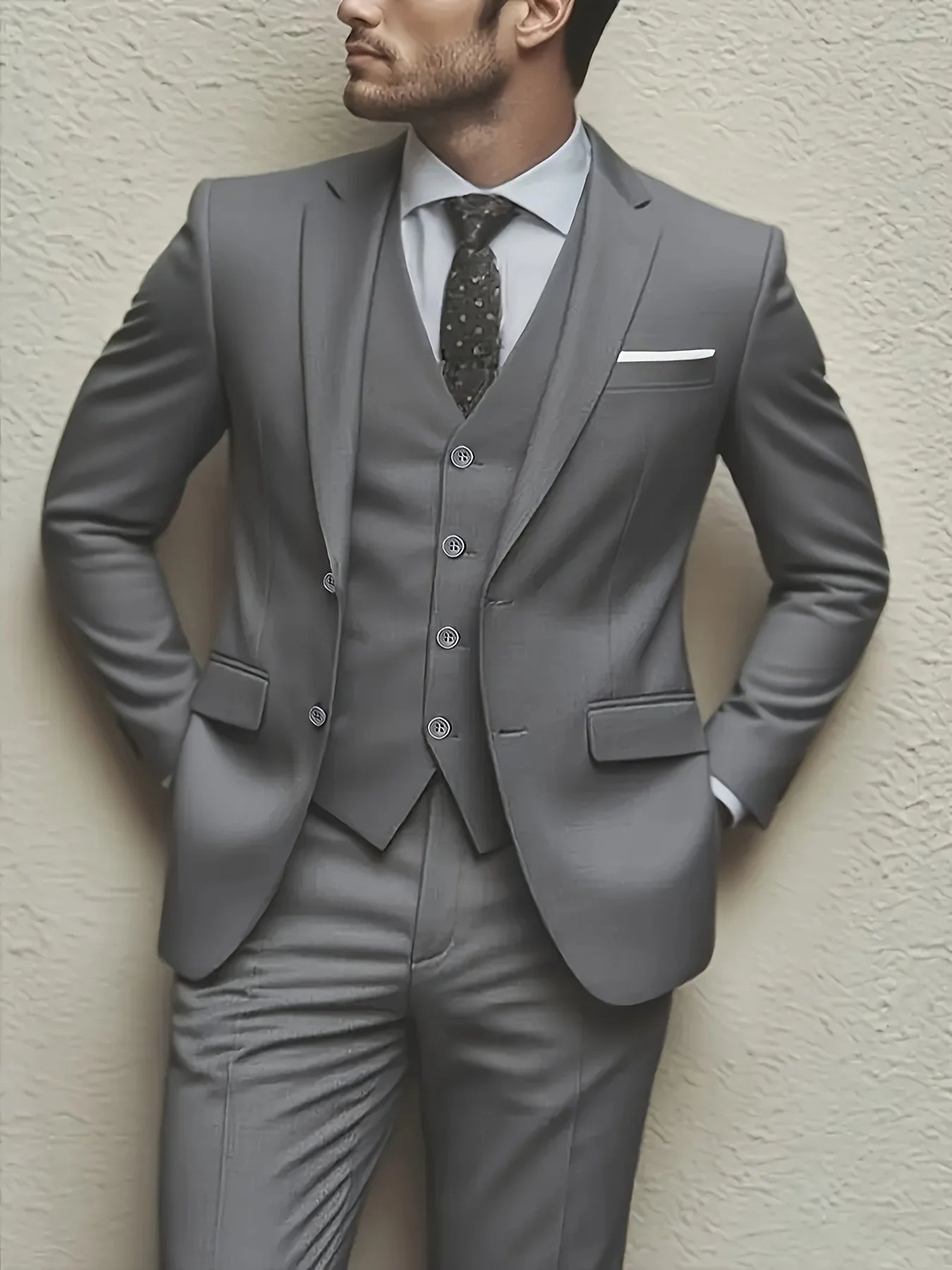 Voguable  Men's 3pcs Suit Set, Jacket + Vest + Pants, Fashionable High-Quality, Suitable for Weddings, Parties and Formal Occasions voguable
