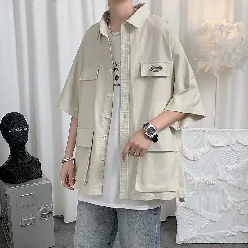 Voguable  Shirts for Men with Pocket Cargo Man Shirt Loose Korean Style Casual Asia Cool Hipster Original Half Sleeve Normal Collar I Xxl voguable