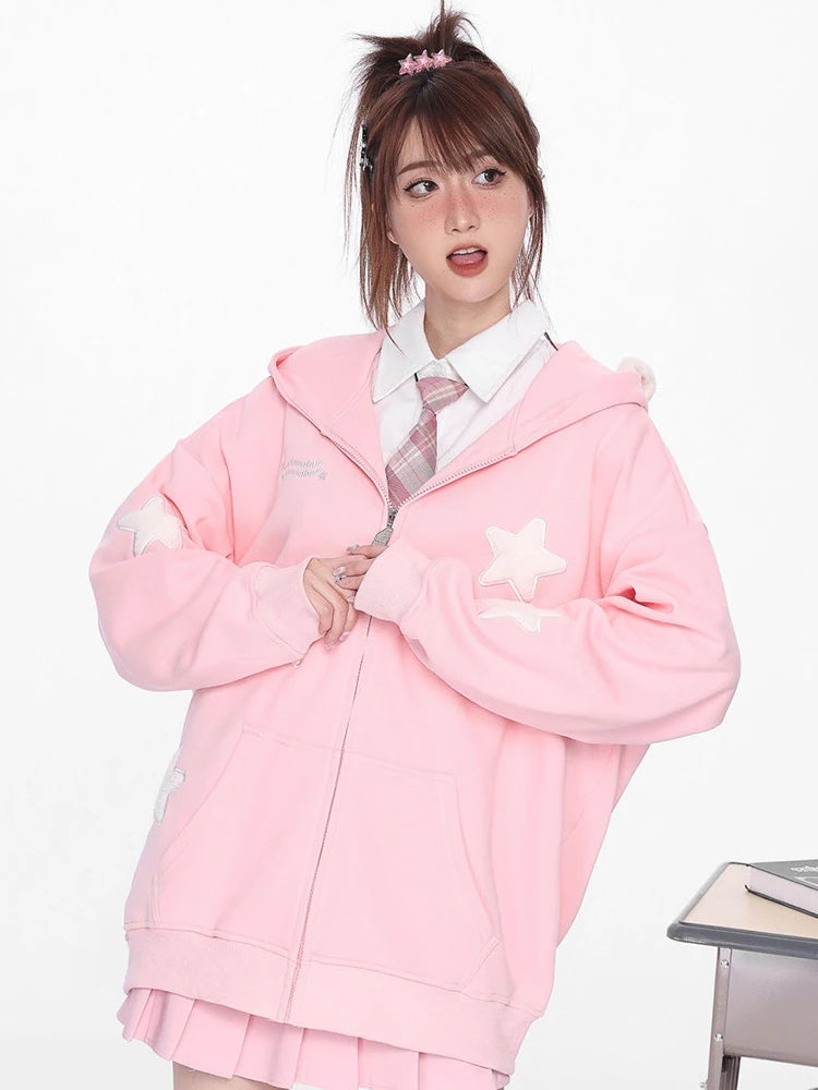 Stars Print Women Hoodies Vintage Cute Preppy Style Long Sleeve Sweatshirts American Retro Letter Loose Design Female Tops voguable