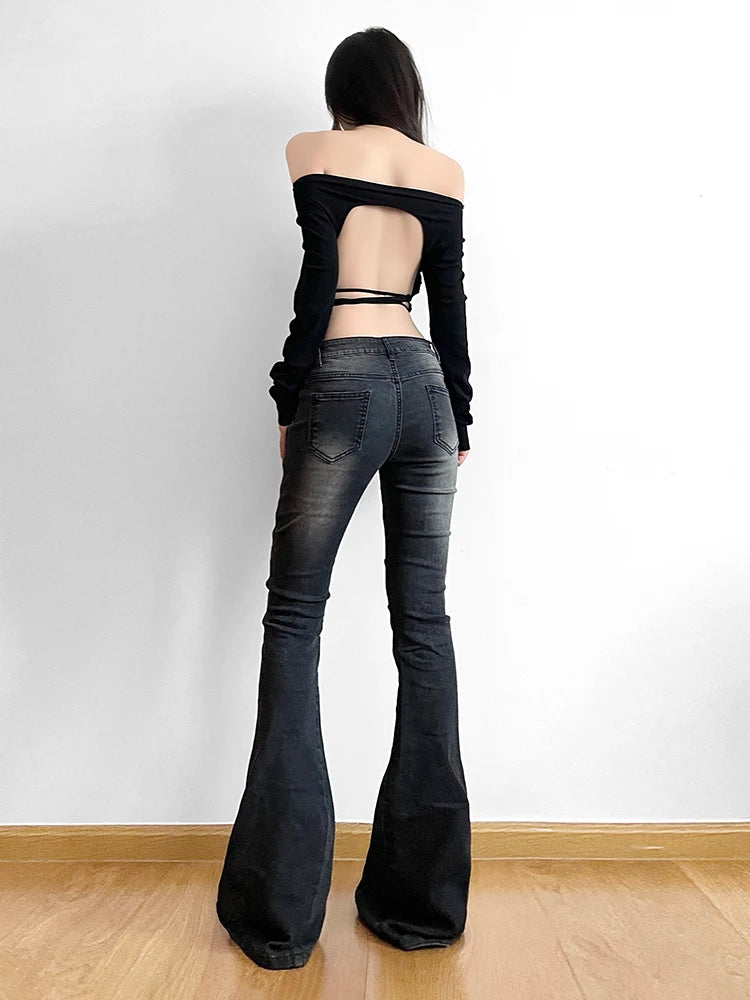 Voguable Vintage Skinny Flare Jeans Pant Low Rise y2k Aesthetic Fashion Streetwear Denim Trouser femme Boot Cut Pants Grunge voguable