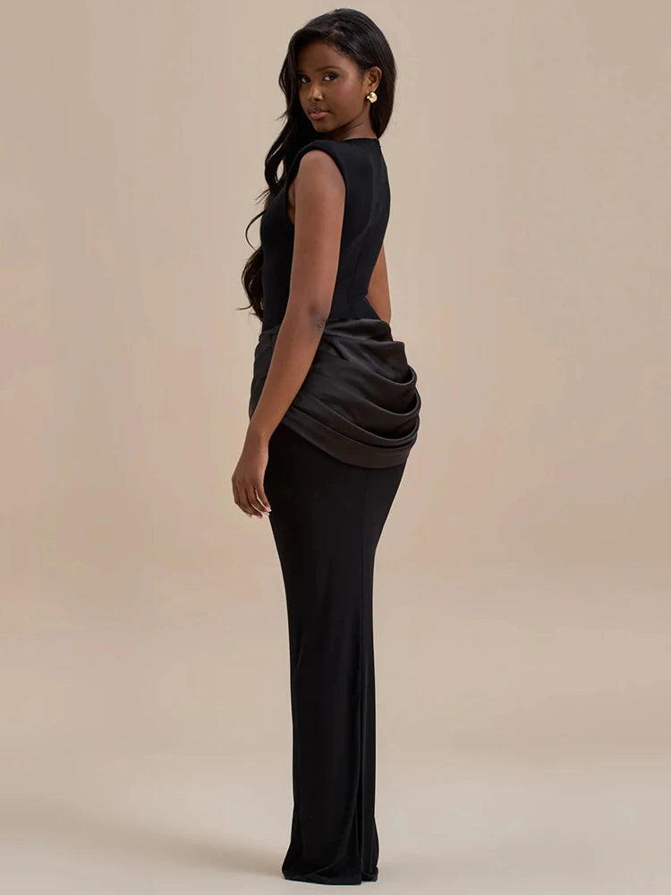 Sleeveless Ruched Sexy Maxi Dress For Women Gown Fashion Black O Neck High Waist Bodycon Club Party Long Dress Vestido voguable