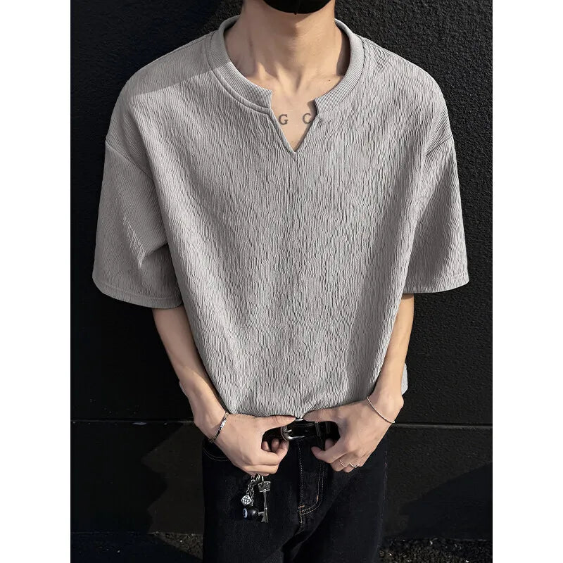 Summer Short Sleeved T-shirt Men Casual V-neck T Shirt Men Streetwear Korean Loose Pleated T Shirt Mens Top Large Size 5XL voguable