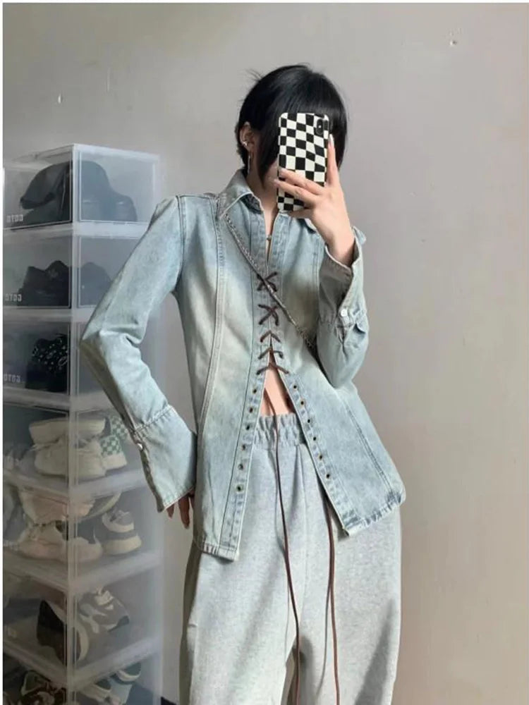 Voguable  Vintage Women Denim Shirts Loose Long Sleeve Casual Bandage Long Shirts Korean Turn Down Collar Streetwear Female Jean Top voguable