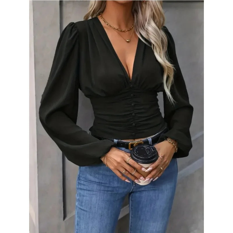 Voguable  Fashion Sexy Black Deep V Slim Fit Casual Long Sleeved Shirt Spring and Autumn Streetwear Waist Cinching Women's Short Tops voguable
