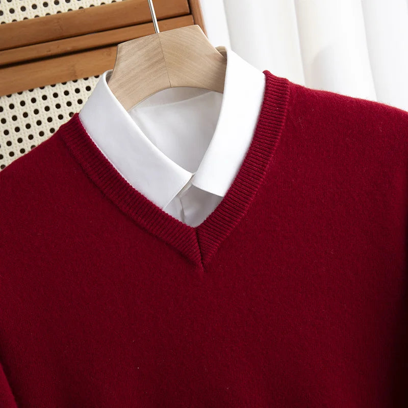 Men 100% Merino Wool Sweater V-Neck Pullover Autumn Winter Cashmere Warm Solid Knitwear Clothes Business Bottoming Soft Tops voguable