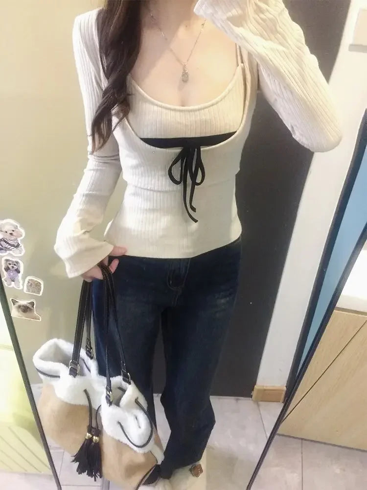 Korean Style Sexy T-Shirts Women Sweet Coquette Two Piece Sets Long Sleeve Tops Fashion Aesthetics Patchwork T-Shirts voguable