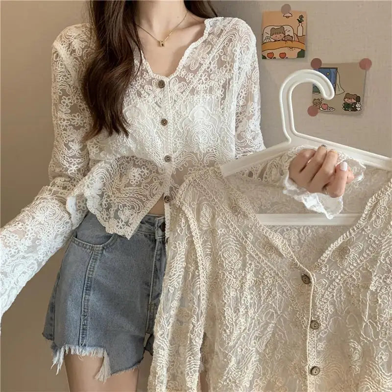 Voguable  Hollow Out Lace Summer Cardigan Women Korean Style V Neck Embroidered Floral Shirt Woman Lightweight Thin Solid Long Sleeve Top voguable