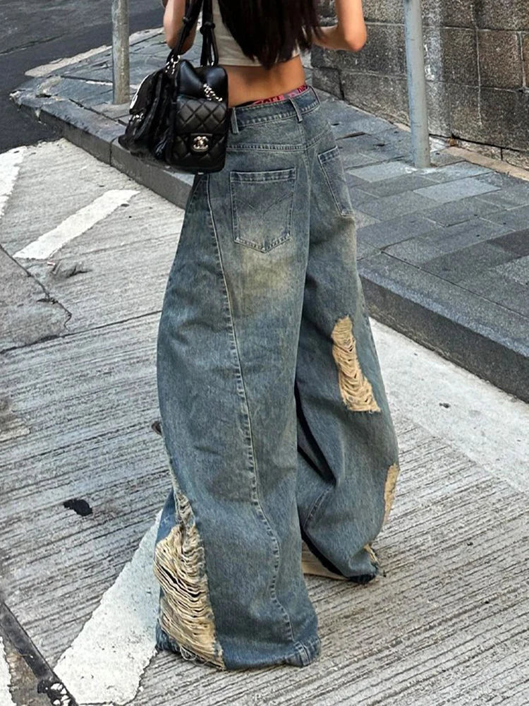 Women Hole Y2K Jeans Streetwear Sexy Low Waist Retro American Denim Pants Loose Pockets Vintage Bf Wide Leg Trousers Fall voguable