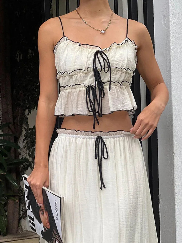 TARUXY Ruffle Bandage Mesh Dress Sets For Women Lace See Through Crop Tops Ladies Holiday Elegant Skirt Suits Womens Outfits New voguable