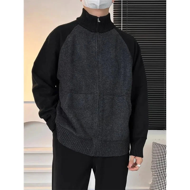 Autumn Men's Zipper Cardigan Jacket Casual Patchwork Stand Collar Long Sleeve Sweater Korean Premium Quality Knitted Outerwear voguable