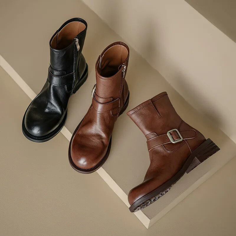 Women Boots Genuine Leather Ankle Boots Autumn Winter Round Toe Side Zipper Office Lady Working Shoes Woman Concise Basic voguable