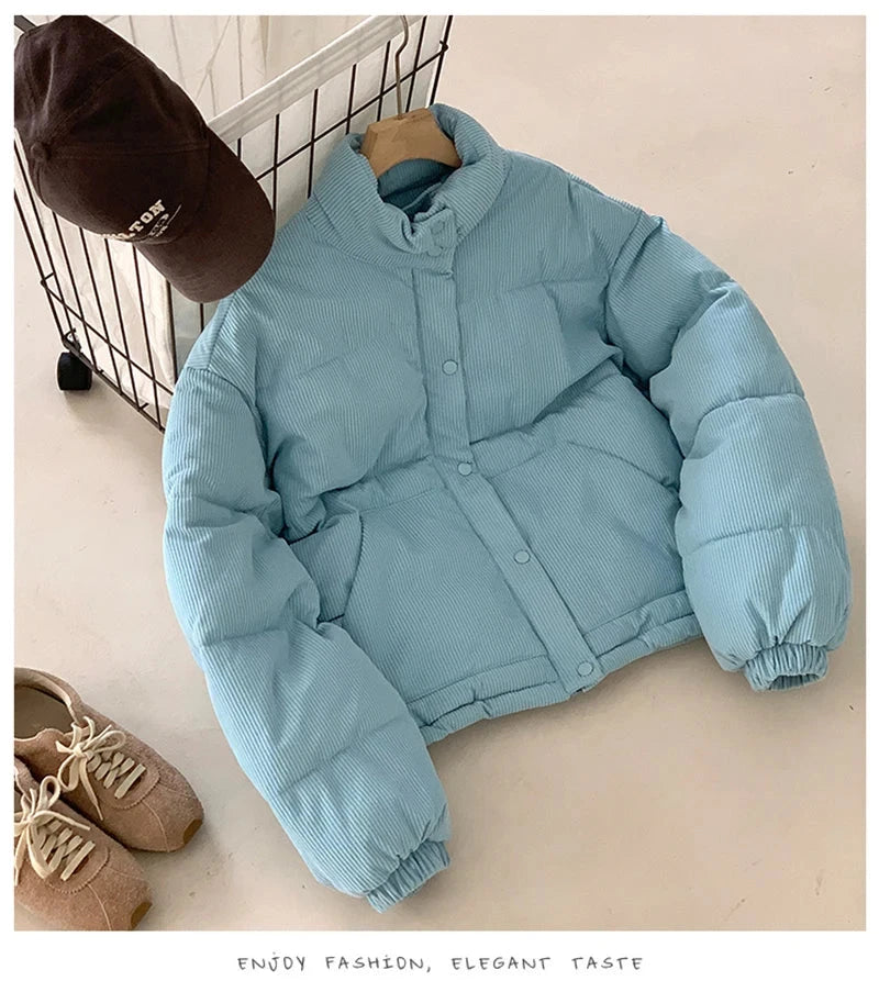 Women Sweet Corduroy Parkas Warm Long Sleeve Retro Stand Collar Cotton Coat Winter Thick Casual Preppy Style Korean Jacket voguable