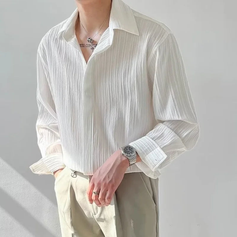 Voguable Black Apricot White Long-sleeved Shirt Men Fashion Social Men Dress Shirt Korean Loose Casual Pleated Shirts Men Formal Shirt voguable