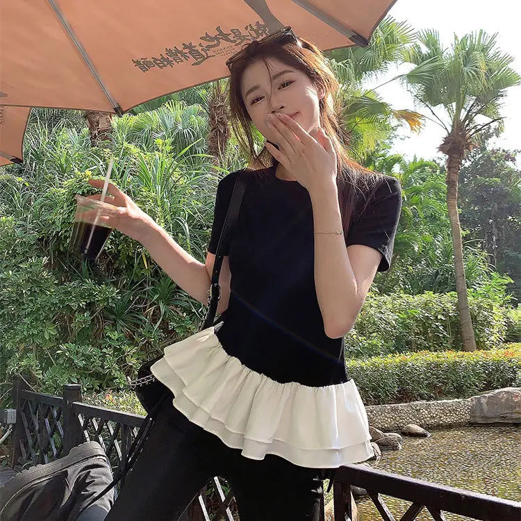 Women Patchwork Fringed Ruffles O-neck Cotton Tshirt Womans Summer Clothes Elegant Solid Shirt Women Slimming Short Sleeve Tee voguable