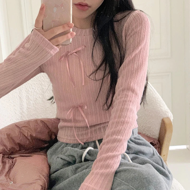 Voguable Sweet Multi Bows Knitted Top Pink White Casual Basics Slim-fit Tops Autumn Spring Korean Style Kawaii Knitwear Autumn voguable